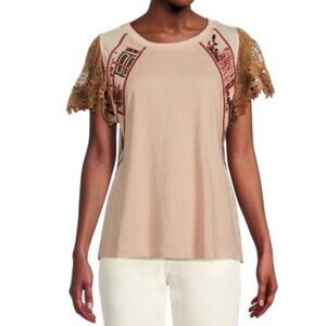Free People As If Crochet Linen Blend Tee Beige Size M